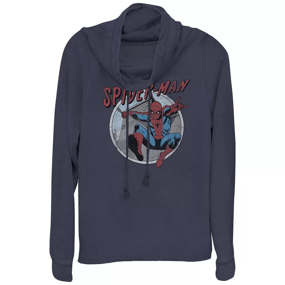 Juniors' Spider-Man Retro Stamp Cowlneck Graphic Lightweight Long Sleeve, Girl's, Size: XL, Blue Product Image