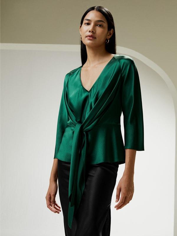 V Neck Silk Blouse with Waist Tie Product Image