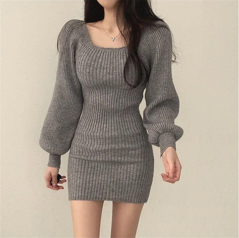 Long-Sleeve Square Neck Plain Ribbed Mini Sheath Knit Dress Product Image