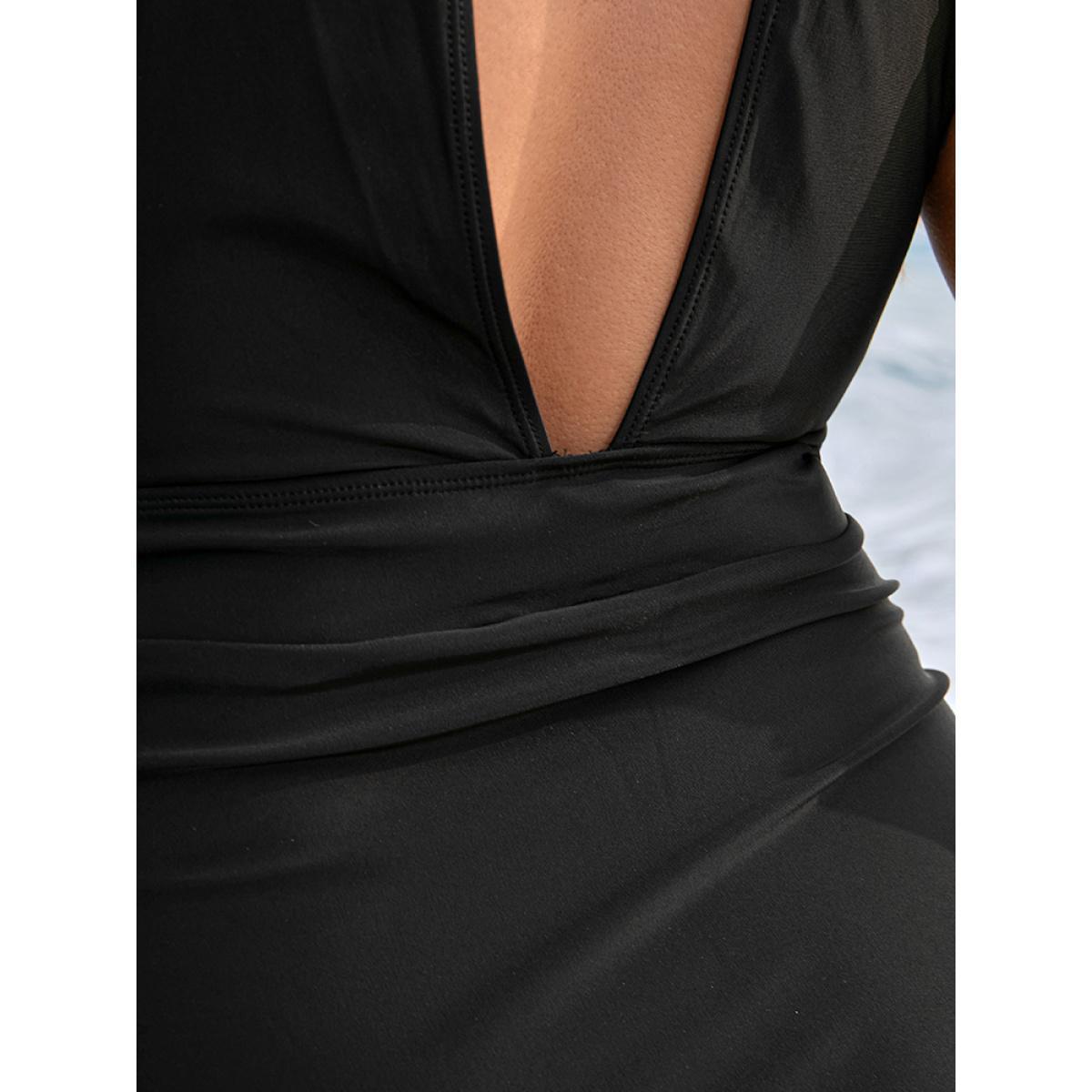 Plus Size Halter Mesh Insert Knotted Back One Piece Swimsuit Women's Swimwear Black Vacation Tummy control Curve Bathing Suits High stretch One Pieces BloomChic 30/6X Product Image