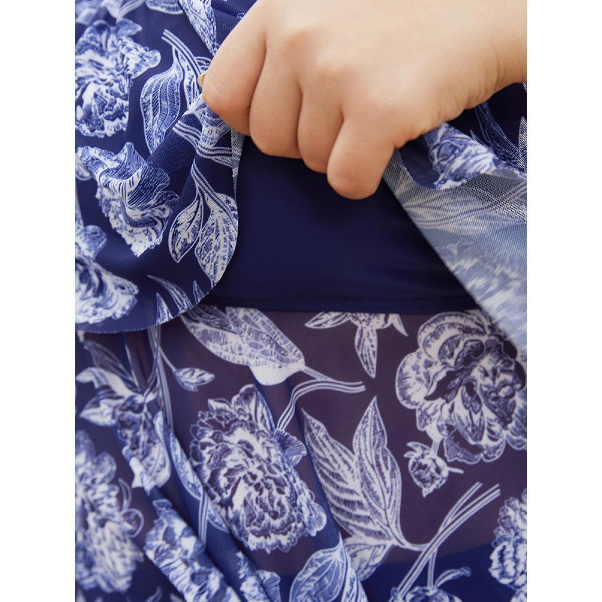 Plus Size Floral Printed Adjustable Straps Ruffle Trim Tankini Top Women's Swimwear Blue Vacation Adjustable Straps High stretch Bodycon Spaghetti Strap Curve Swim Tops BloomChic 14-16/1X Product Image