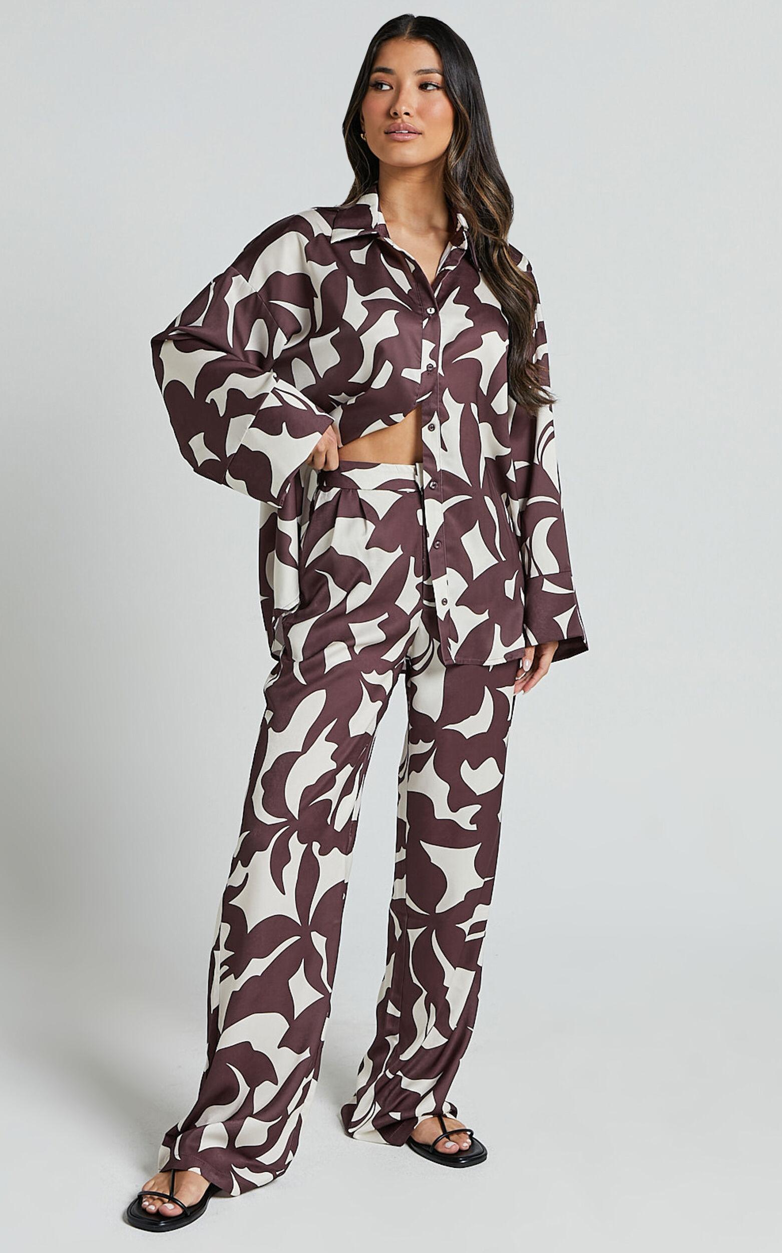 Janissa Pants - High Waisted Wide Leg Pants in Brown Floral Product Image
