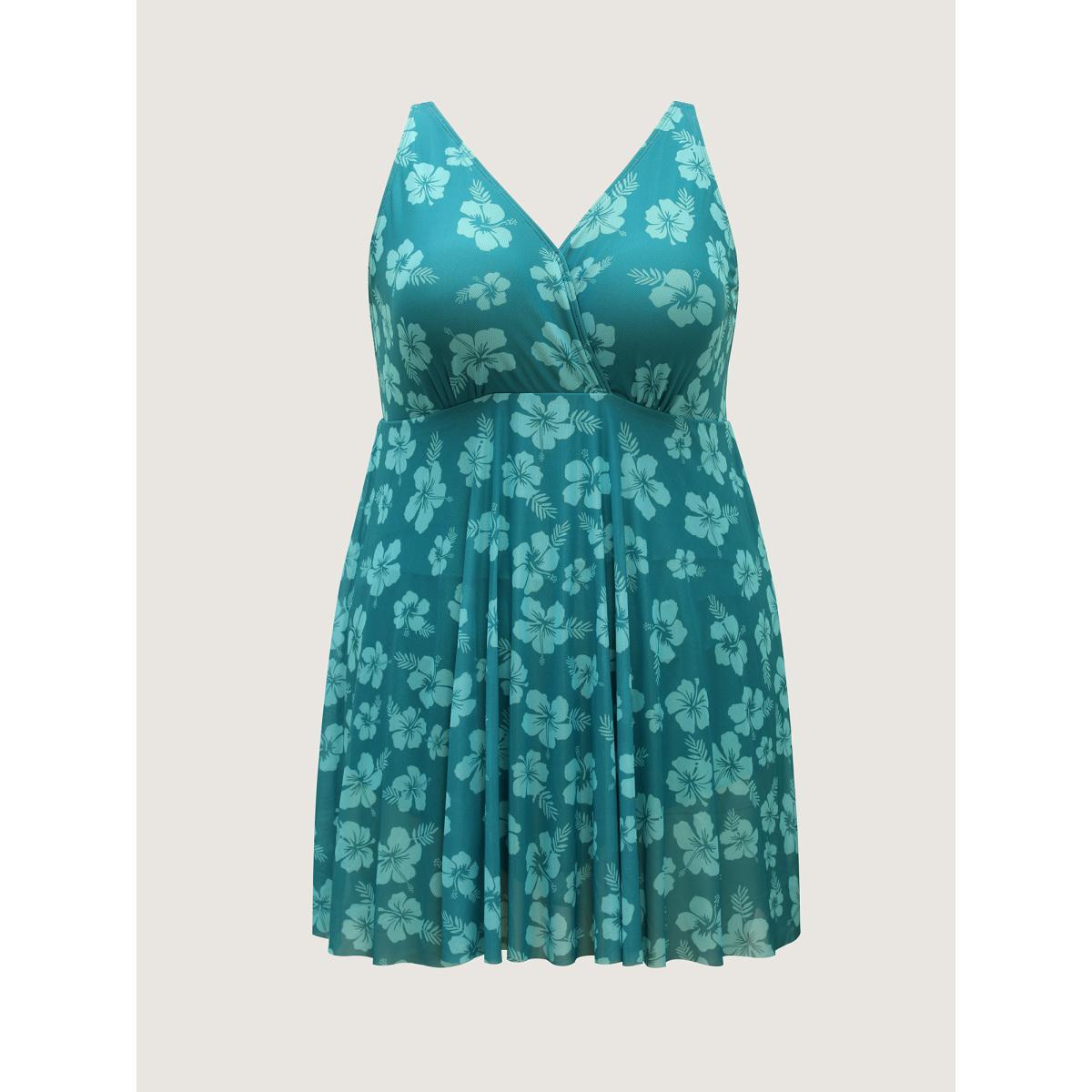 Plus Size Floral Mesh Surplice Swim Dress Women's Swimwear Teal Beach Bodycon Overlap Collar High stretch Curve Swim Dresses BloomChic 12/L Product Image