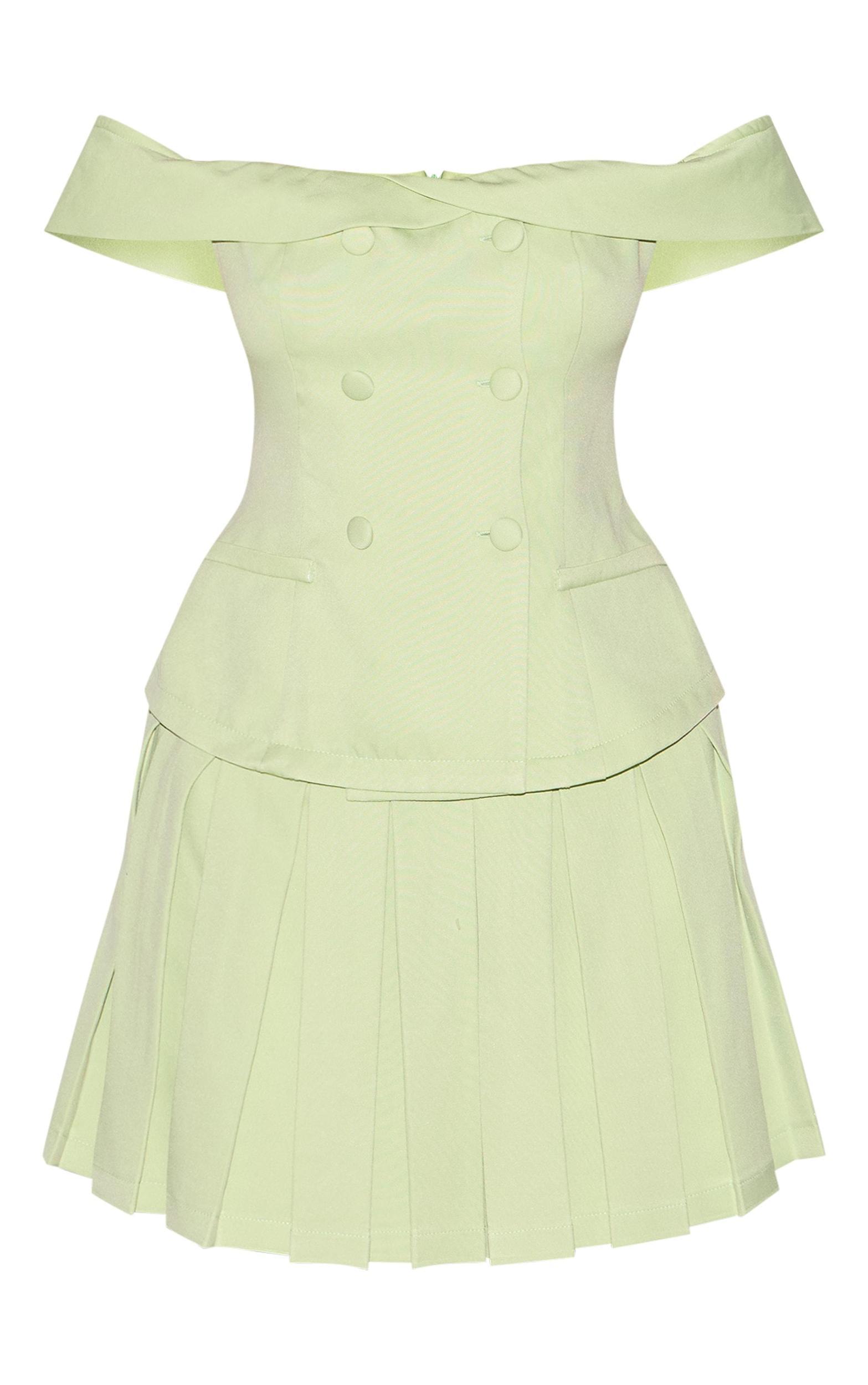 Pale Lime Tailored Button Detail Bardot Pleated Skort Romper Product Image