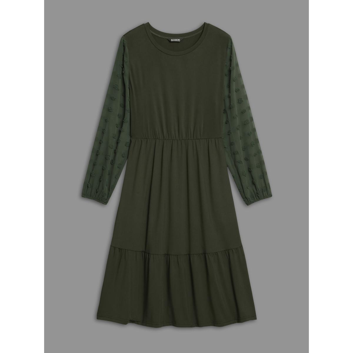 Plus Size Sheer Chiffon Textured Waist-Defined Midi Dress ArmyGreen Women Elegant Texture Round Neck Extra Long Sleeve Curvy BloomChic 18-20/2X Product Image