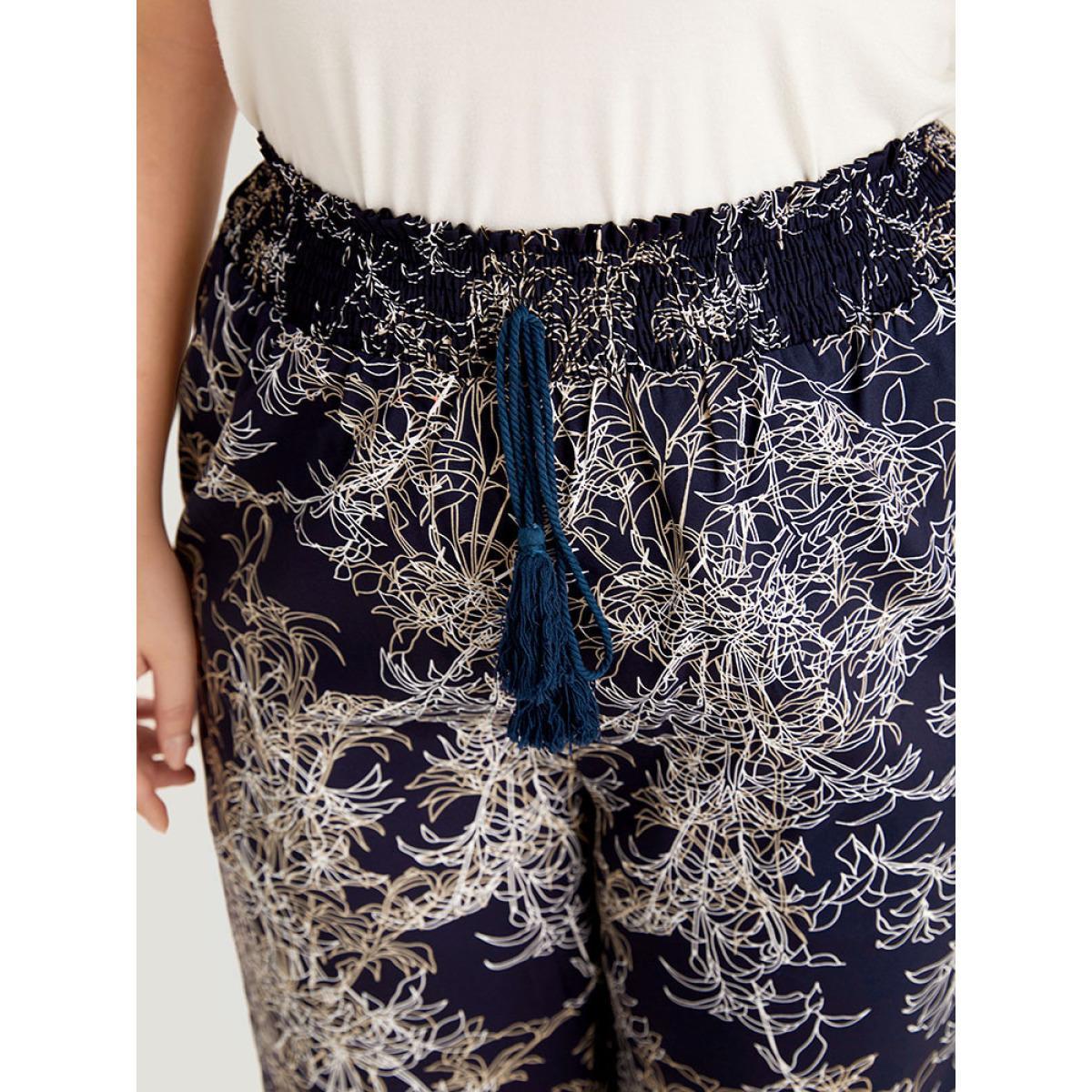 Plus Size Graphic Print Shirred Split Side Tassels Ties Pants Women Indigo Elegant Straight Leg High Rise Dailywear Pants BloomChic 30/6X Product Image