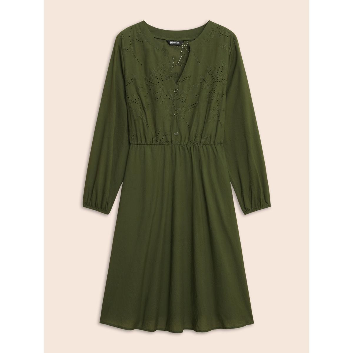 Plus Size Notched Broderie Anglaise Button Detail Dress ArmyGreen Women Elegant Button Notched collar Long Sleeve Curvy BloomChic 14-16/1X Product Image
