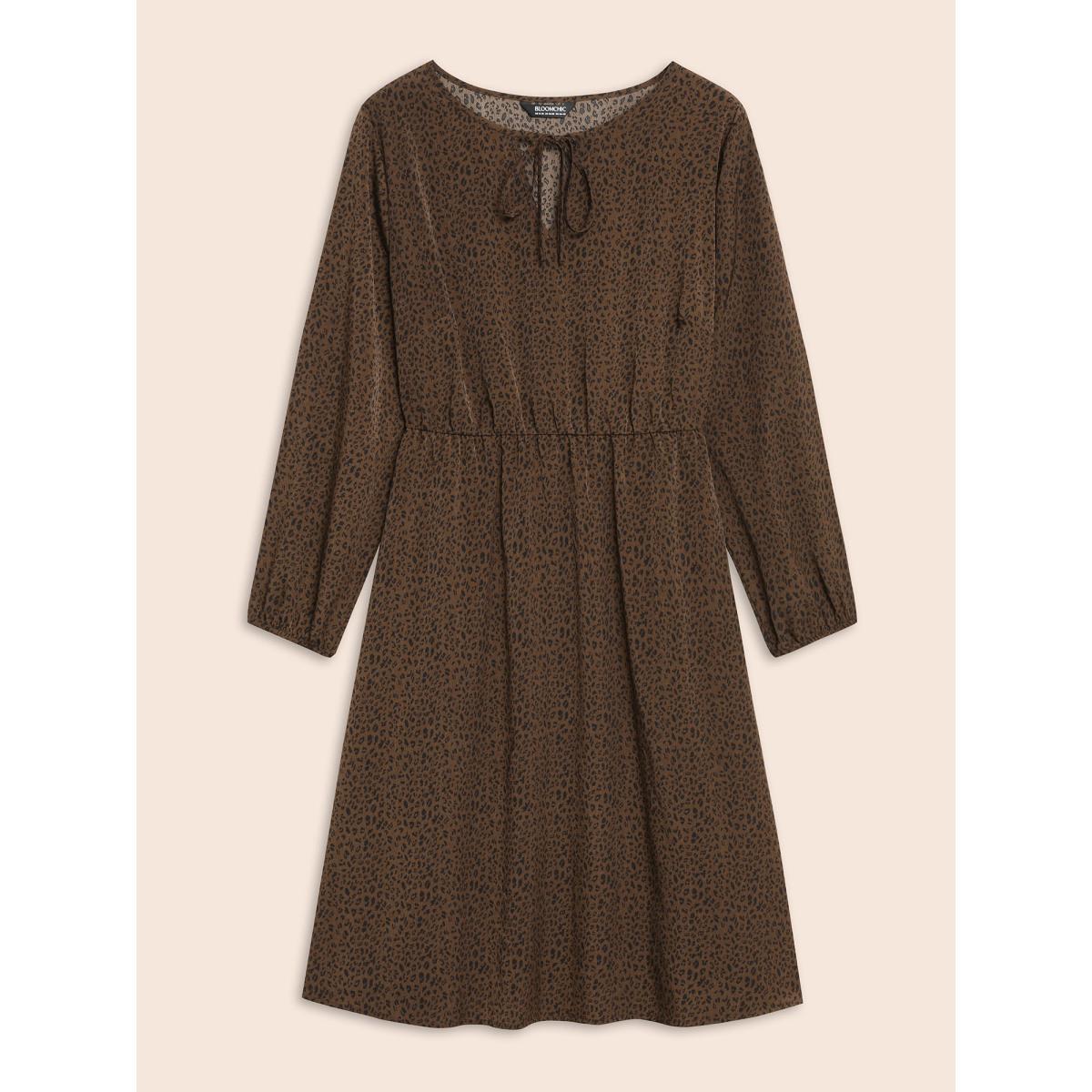 Plus Size Leopard Print Tie Knot Gathered Dress Browncoffeecolor Women At the Office Tie knot V-neck Elbow-length sleeve Curvy BloomChic 22-24/3X Product Image