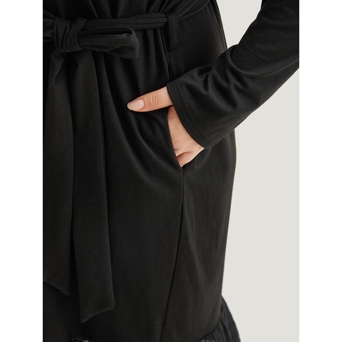 Plus Size Broderie Anglaise Round Neck Belted Flutter Hem Dress Black Women Casual Plain Round Neck Long Sleeve Curvy Midi Dress BloomChic 28/5X Product Image