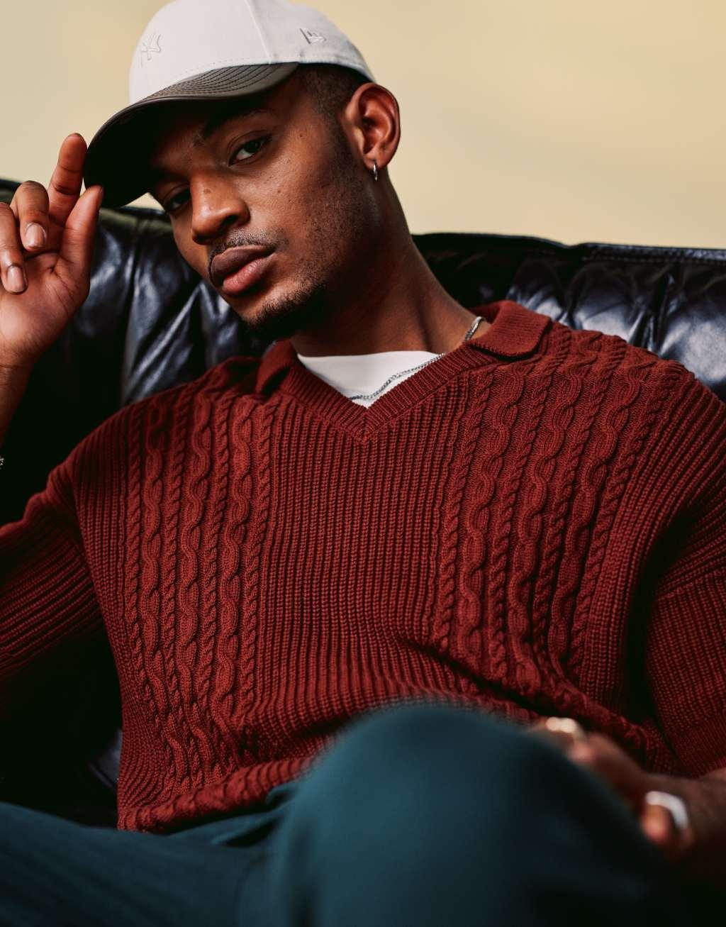 ASOS DESIGN relaxed boxy fit cable knitted notch neck polo in burgundy Product Image
