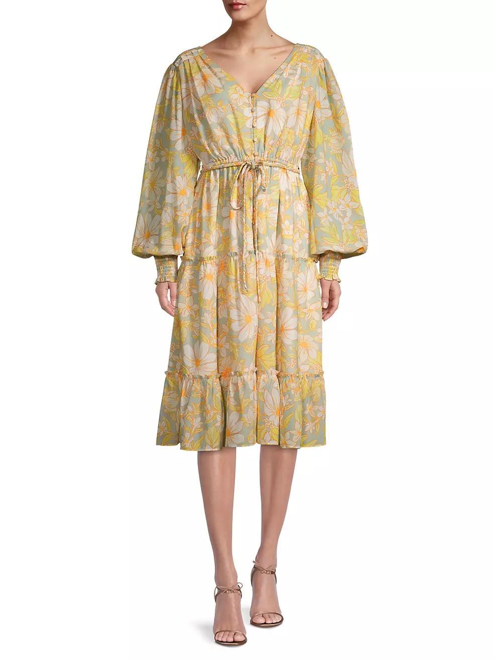 Daisy Floral Chiffon Drawstring Midi-Dress Product Image