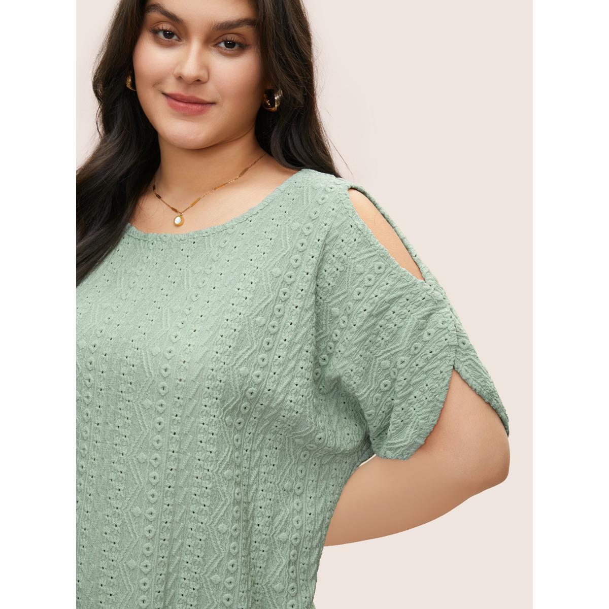 Plus Size Plain Texture Round Neck Cut Out T-shirt Mint Women Elegant Non Plain Round Neck Everyday T-shirts BloomChic 28/5X Product Image