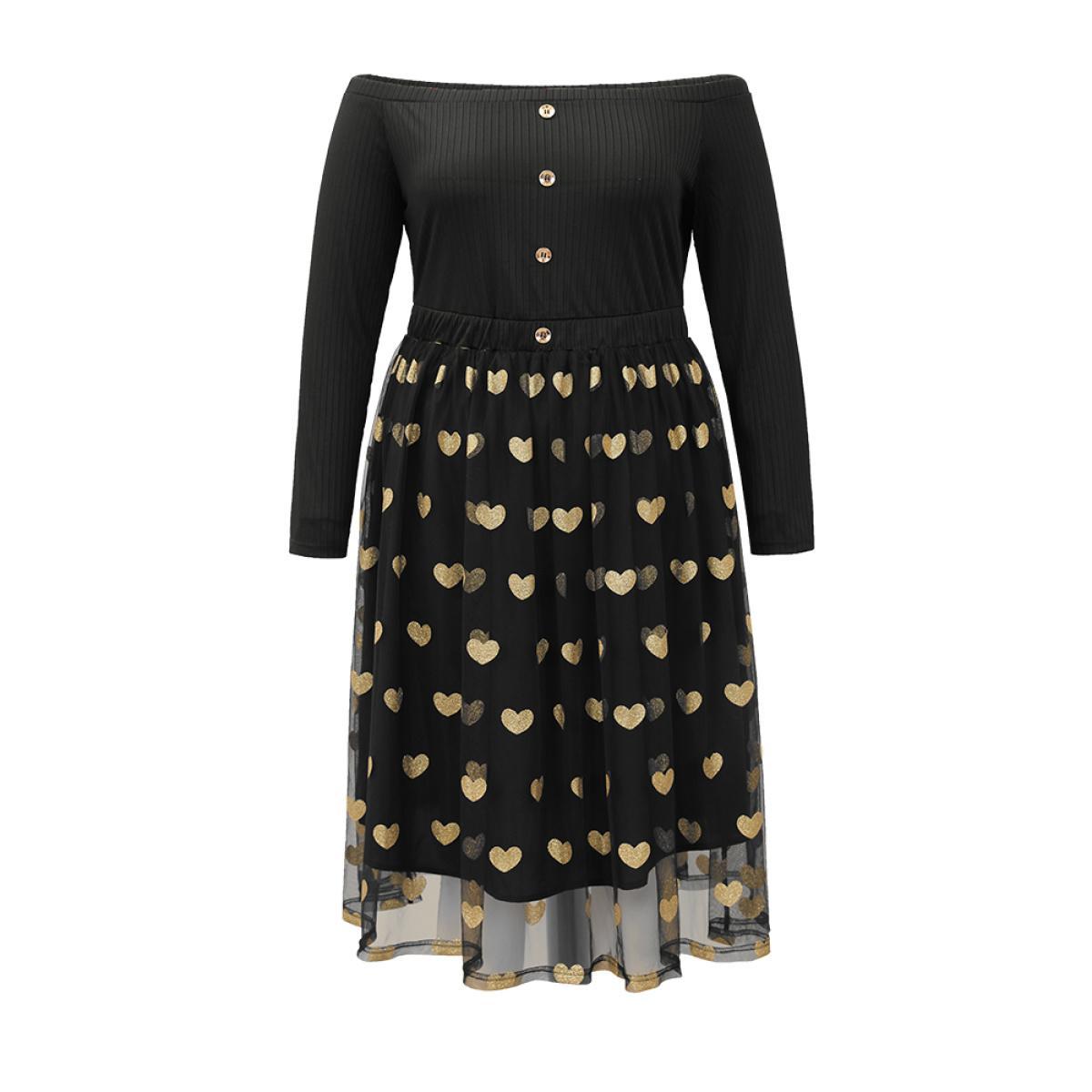 Plus Size Heart Print Rib Knit Button Detail Off Shoulder Dress Black Women Elegant Printed One-shoulder neck Long Sleeve Curvy Midi Dress BloomChic 12/L Product Image