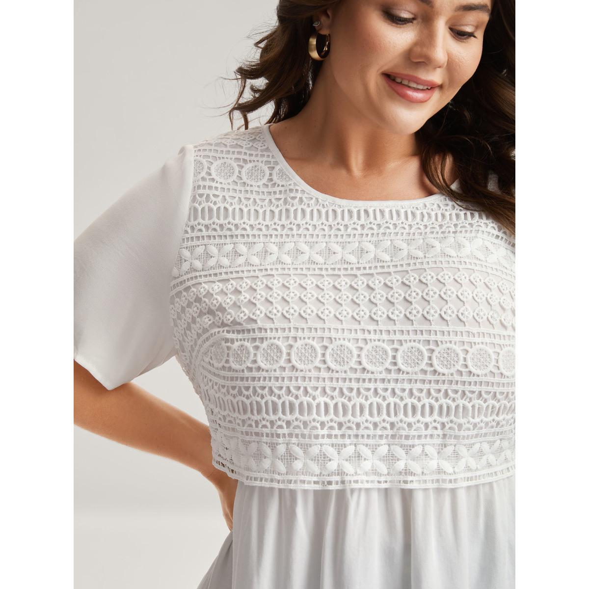 Plus Size Opticwhite Embroidered Textured Lace Babydoll Top Women Short sleeve Round Neck Everyday-Elegant Blouses BloomChic 18-20/2X Product Image