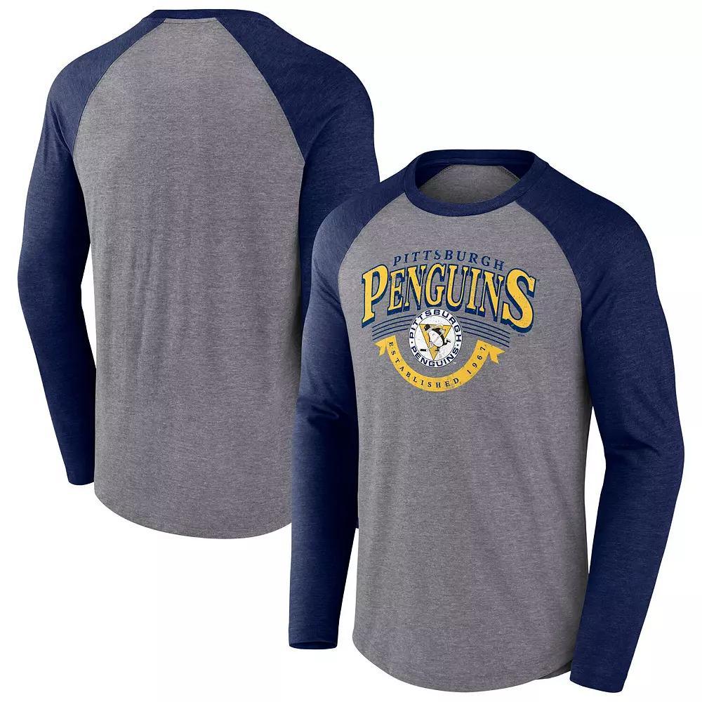 Men's Fanatics Heather Gray/Heather Navy Pittsburgh Penguins Goal Crease Raglan Tri-Blend Long Sleeve T-Shirt, Size: XL, Grey Product Image