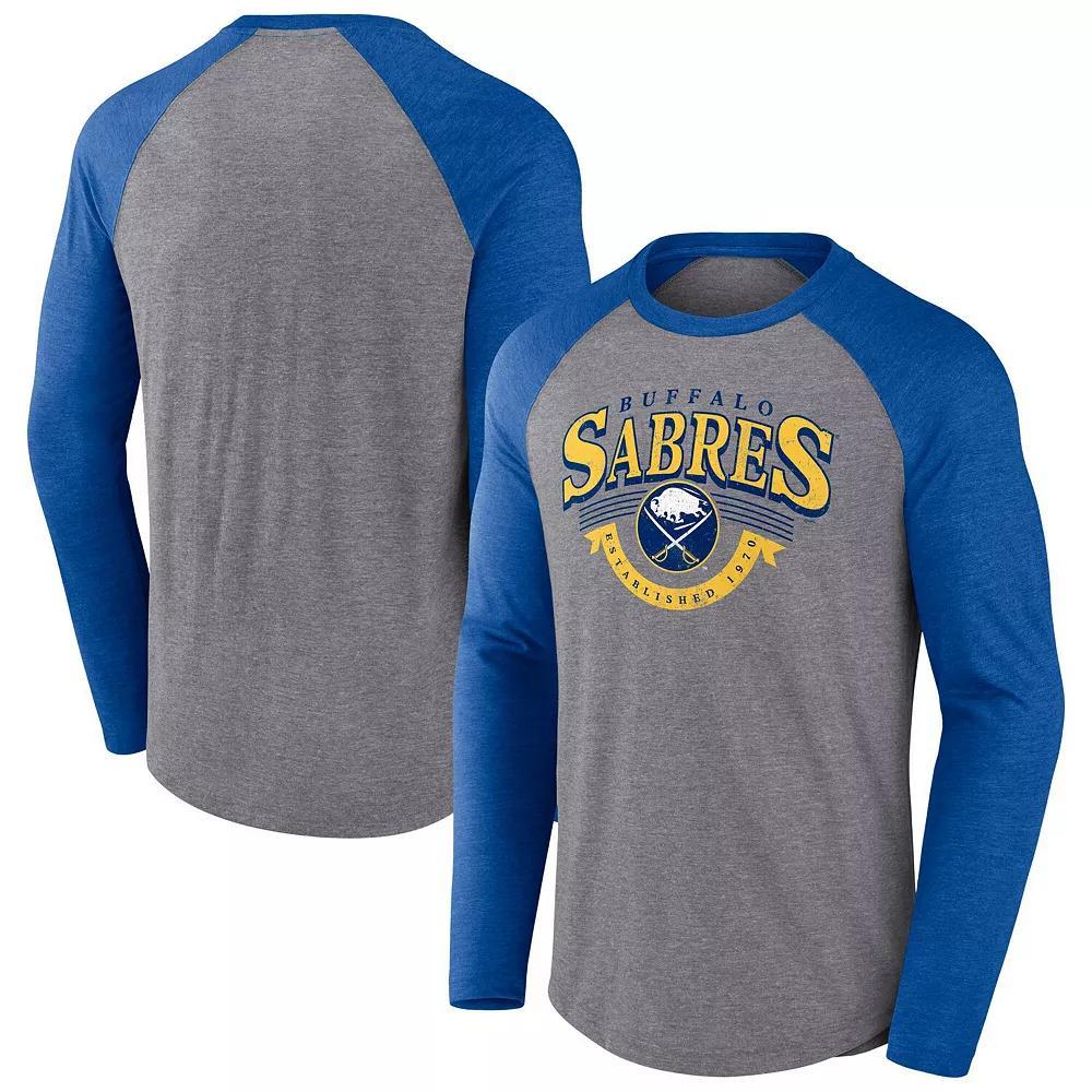 Men's Fanatics Heather Gray/Heather Royal Buffalo Sabres Goal Crease Raglan Tri-Blend Long Sleeve T-Shirt, Size: Medium, Grey Product Image