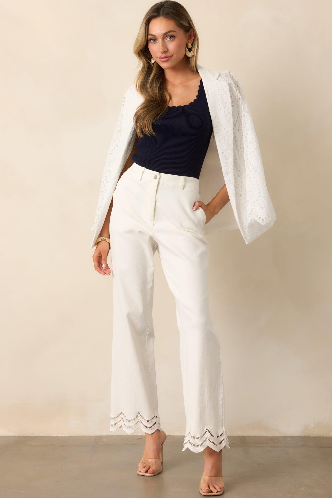 The Time Is Now White Straight Leg Scallop Hem Jeans Product Image