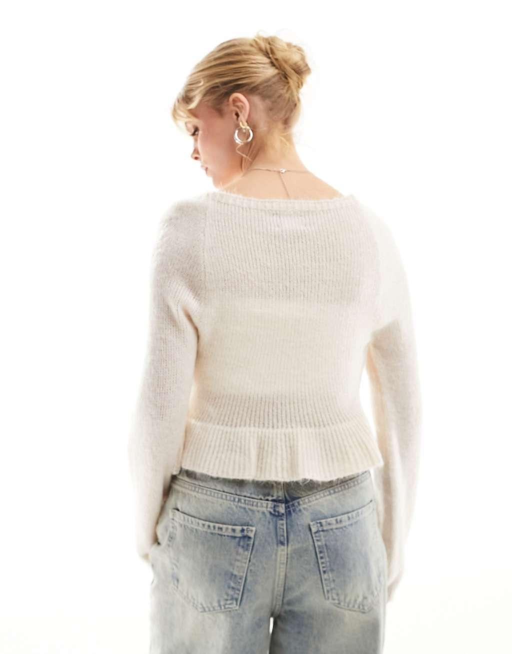 ASOS DESIGN knitted sweetheart neckline top with tie front detail Product Image