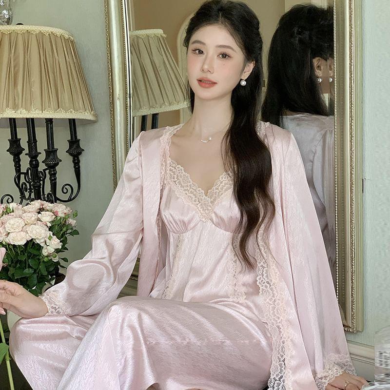 Pajama Set: Lace Trim Padded Camisole Top + Shorts + Jacket Product Image