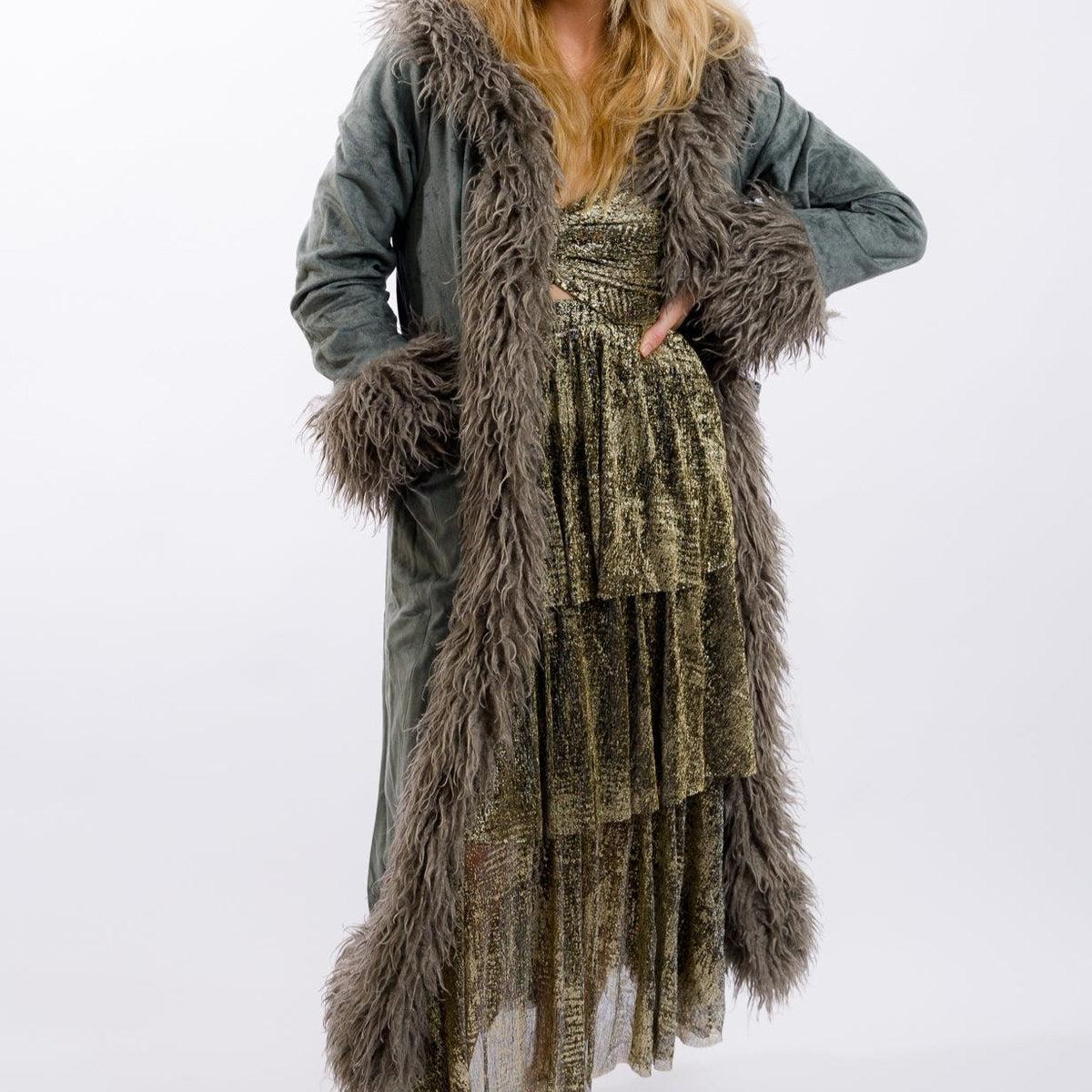 Daisy Street Faux Suede Afghan Coat - Grey Product Image