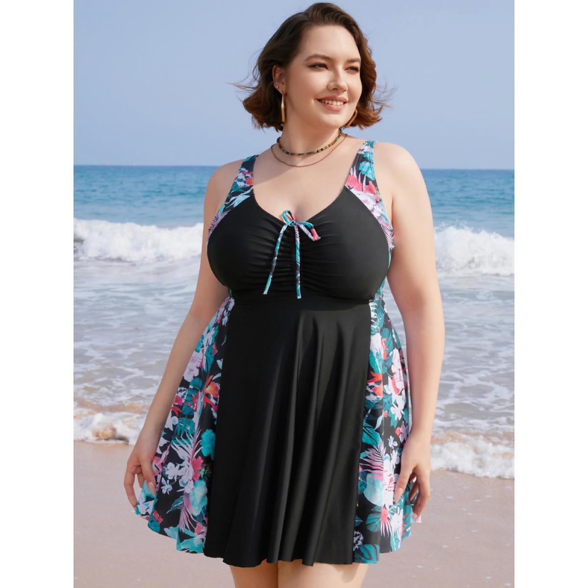Plus Size Tropical Contrast Drawstring Ruched Ruffles Swim Dress Women's Swimwear Black Vacation Bodycon V-neck High stretch Curve Swim Dresses BloomChic 14-16/1X Product Image