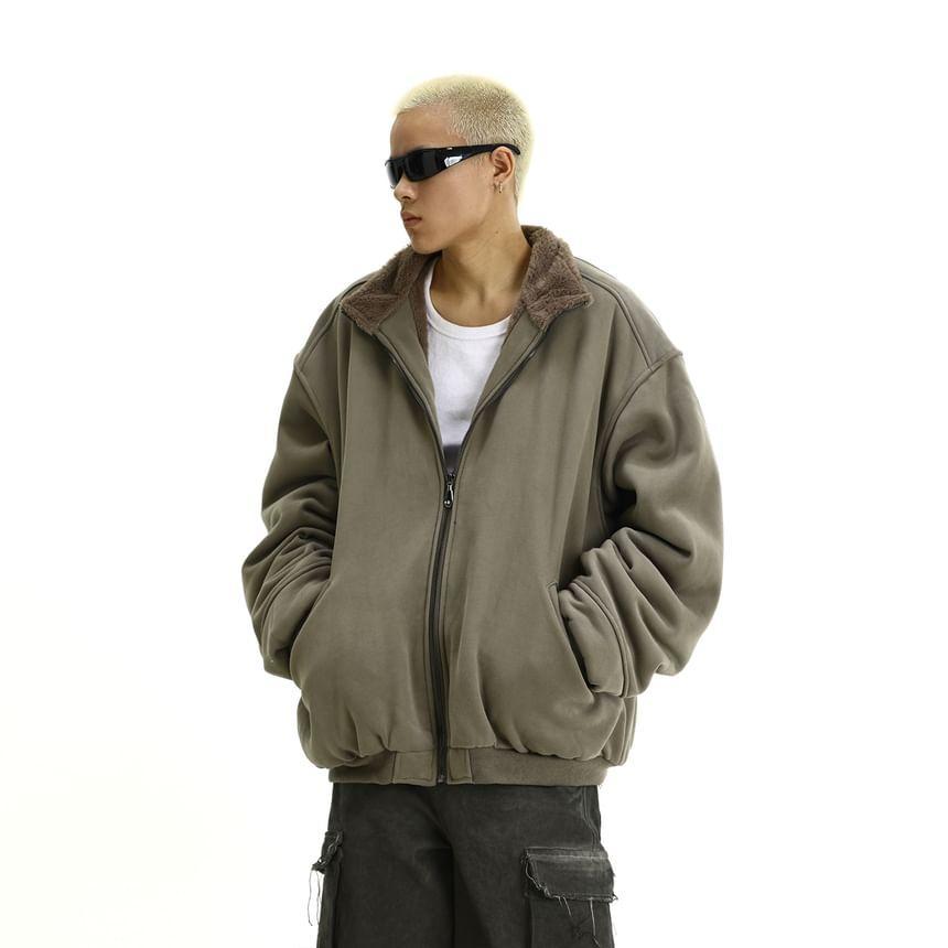 Fluffy Stand Collar Plain Zip Puffer Jacket Product Image