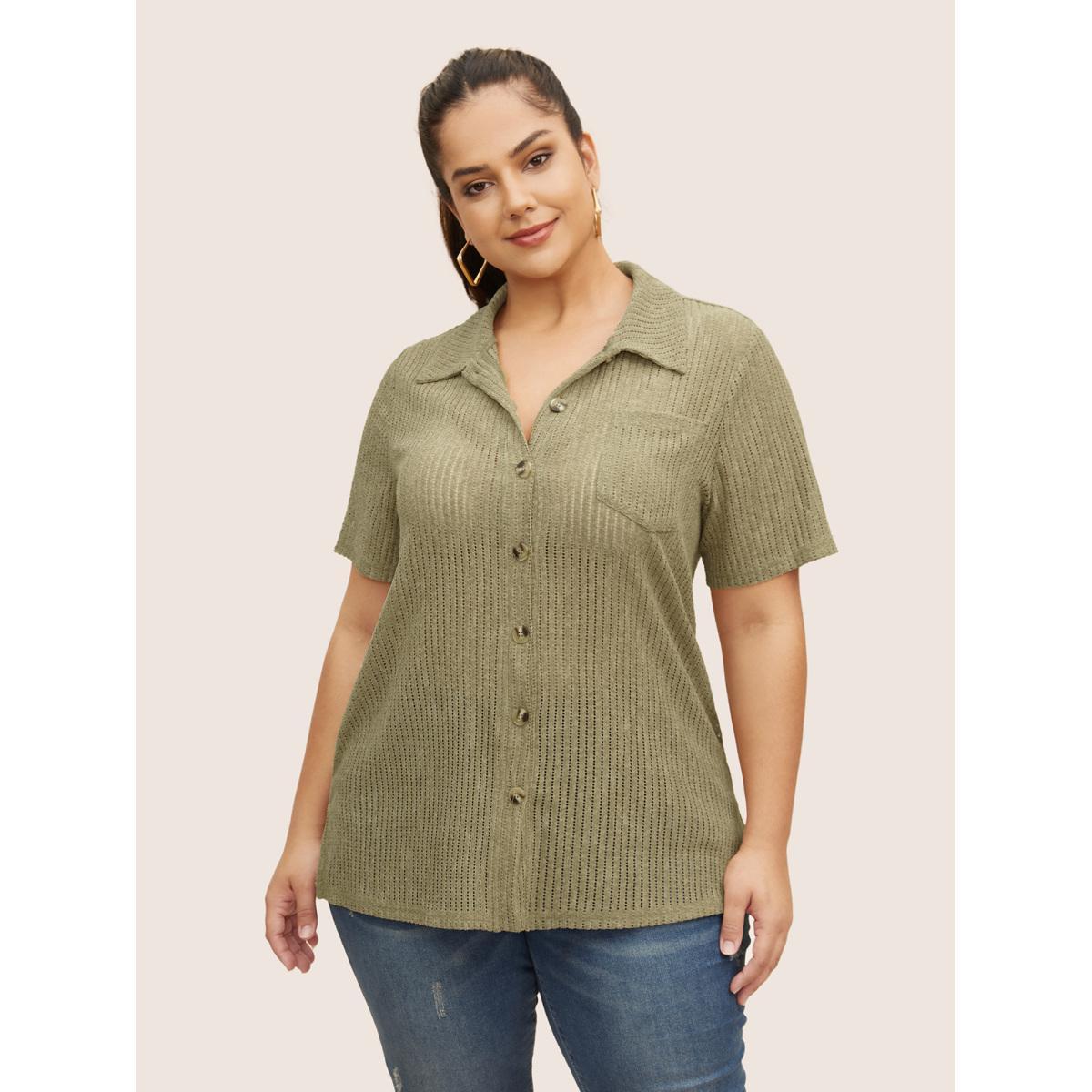 Plus Size Textured Hollow Out Shirt Collar T-shirt Sage Women Casual Button Shirt collar Everyday T-shirts BloomChic 18-20/2X Product Image