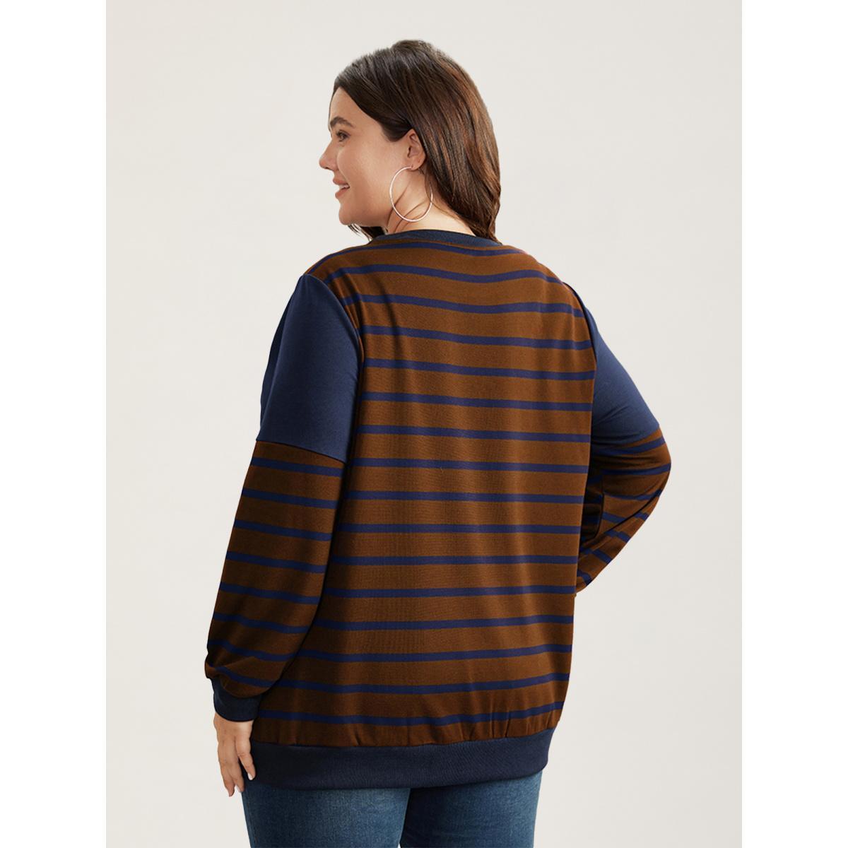 Plus Size Striped Patchwork Button Detail Sweatshirt Women Bronze Casual Non Round Neck Everyday Sweatshirts BloomChic 22-24/3X Product Image