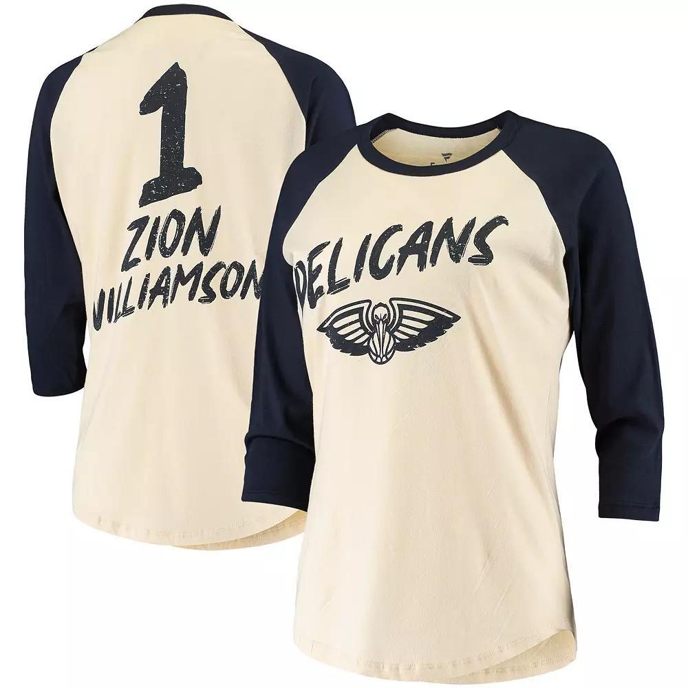Women's Fanatics Branded Zion Williamson Cream New Orleans Pelicans Raglan 3/4-Sleeve T-Shirt, Size: Medium, Beige Product Image