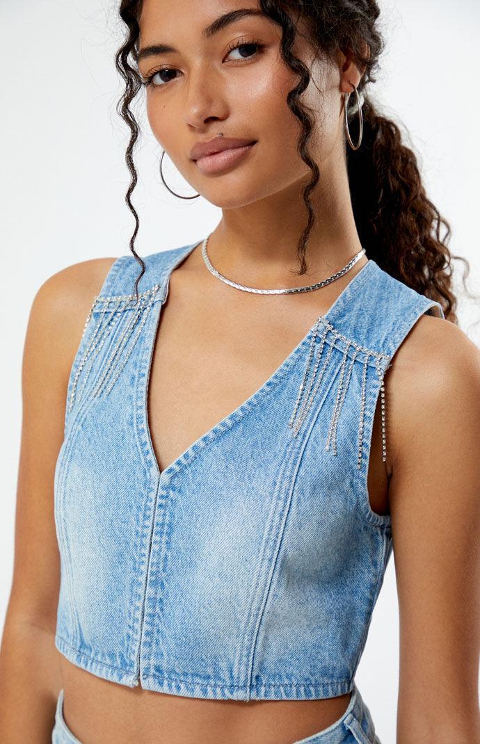 Women's Light Indigo V-Neck Denim Vest Product Image