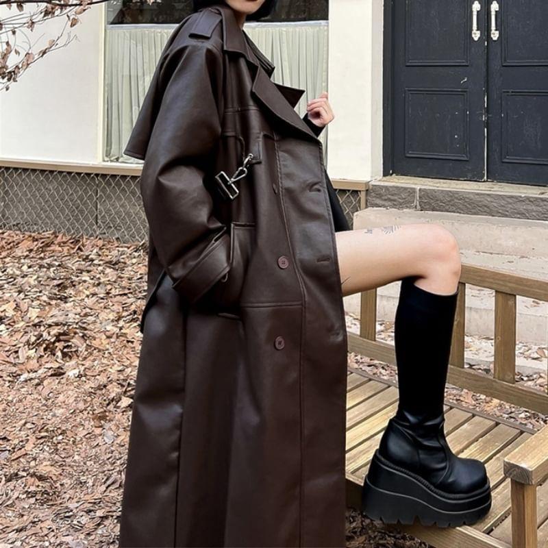 Lapel Collar Faux Leather Long Trench Coat Product Image