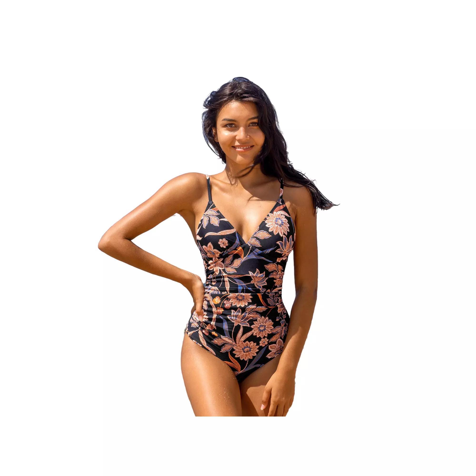 Women's Cupshe Retro Wrinkles One-Piece Swimsuit, Size: Small, Black Teamcolor Product Image