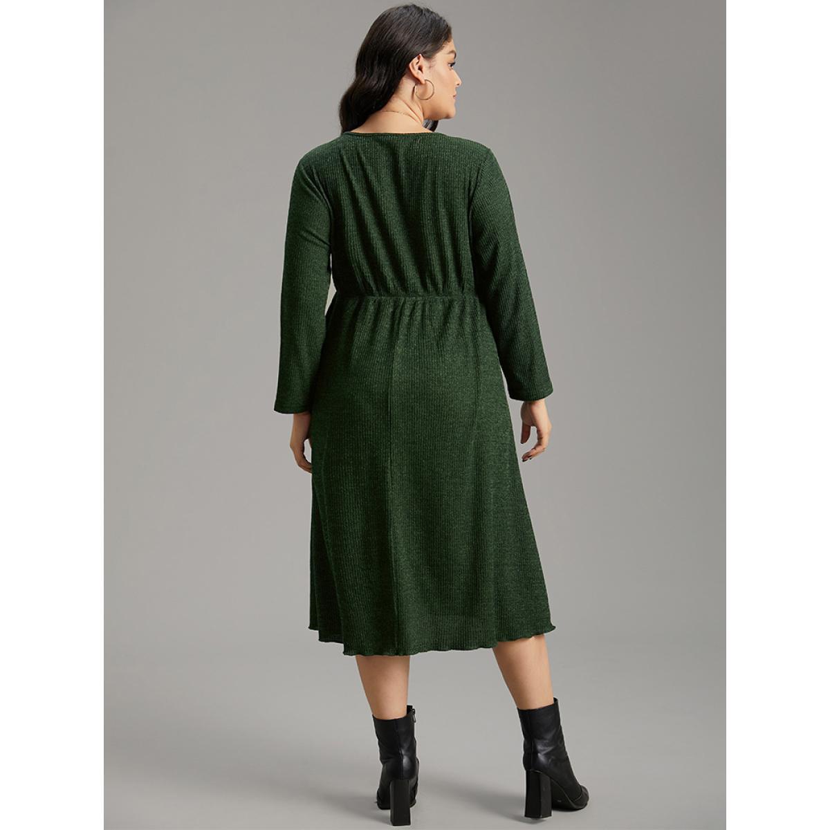 Plus Size Square Neck Solid Drawstring Rib Knit Dress DarkGreen Women Casual Plain Square Neck Long Sleeve Curvy Midi Dress BloomChic 30/6X Product Image