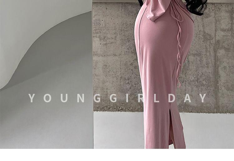 Long Sleeve V-Neck Plain Gathered Slit Maxi Sheath Dress Product Image