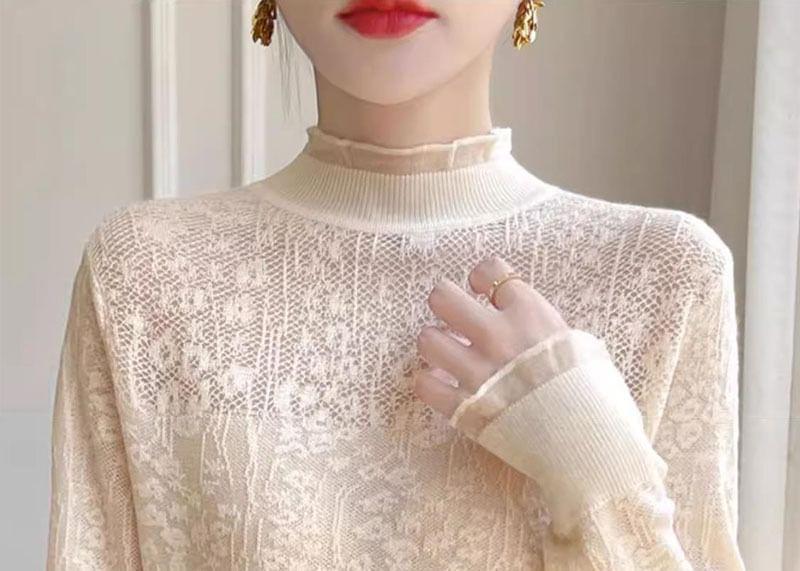 Long-Sleeve Mock Neck Floral Jacquard Frill Trim Sheer Knit Top Product Image