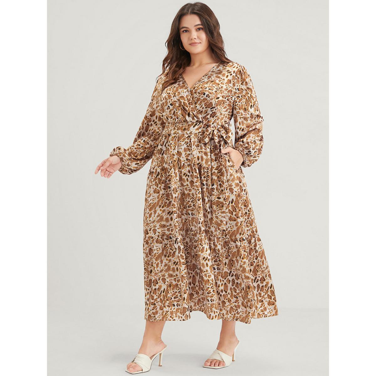 Plus Size Leopard Pocket Surplice Neck Lantern Sleeve Ruffles Belted Maxi Dress Leopard Women Elegant Printed Long Sleeve Curvy Long Dress BloomChic 18-20/2X Product Image
