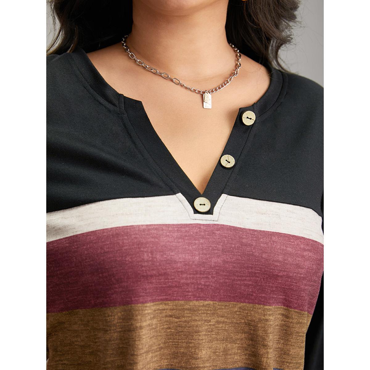 Plus Size Colorblock Contrast Notched Button Detail T-shirt Black Women Casual Contrast Striped Notched collar Dailywear T-shirts BloomChic 22-24/3X Product Image