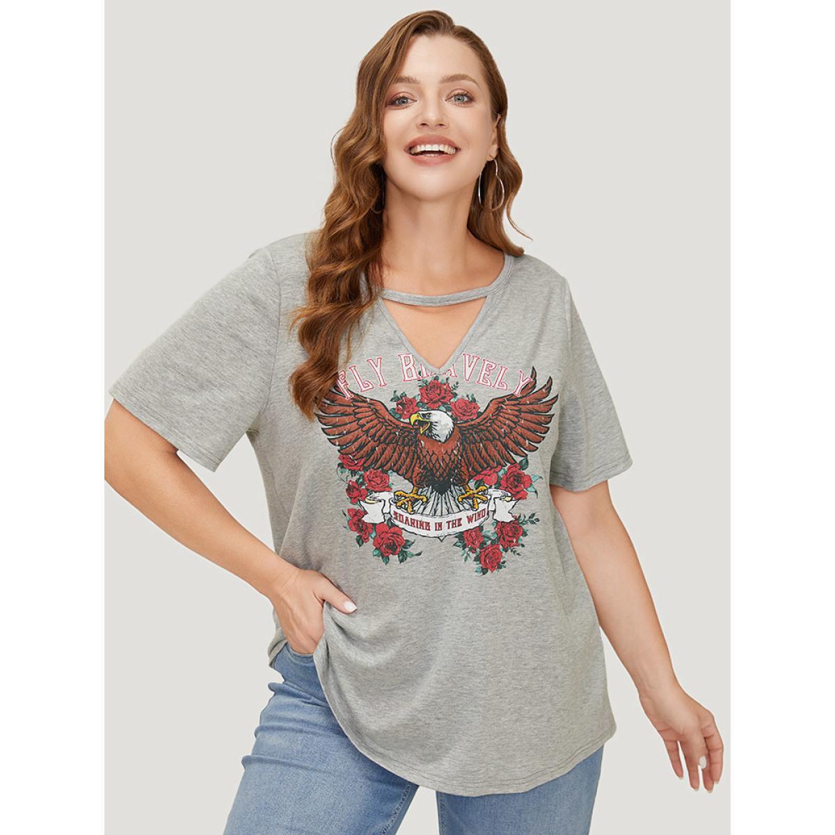 Plus Size Eagle & Floral Print Keyhole Neck T-shirt Gray Women Casual Keyhole Western Dailywear T-shirts BloomChic 14-16/1X Product Image