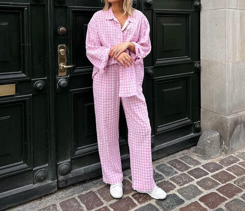 Set: Long-Sleeve Gingham Button-Up Shirt + High Rise Wide Leg Pants Product Image