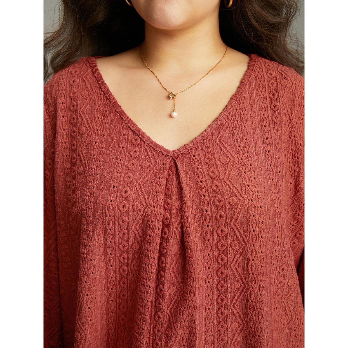 Plus Size Keyhole Plicated Detail Lantern Sleeve T-shirt Rust Women Elegant Elastic cuffs Plain V-neck Dailywear T-shirts BloomChic 22-24/3X Product Image