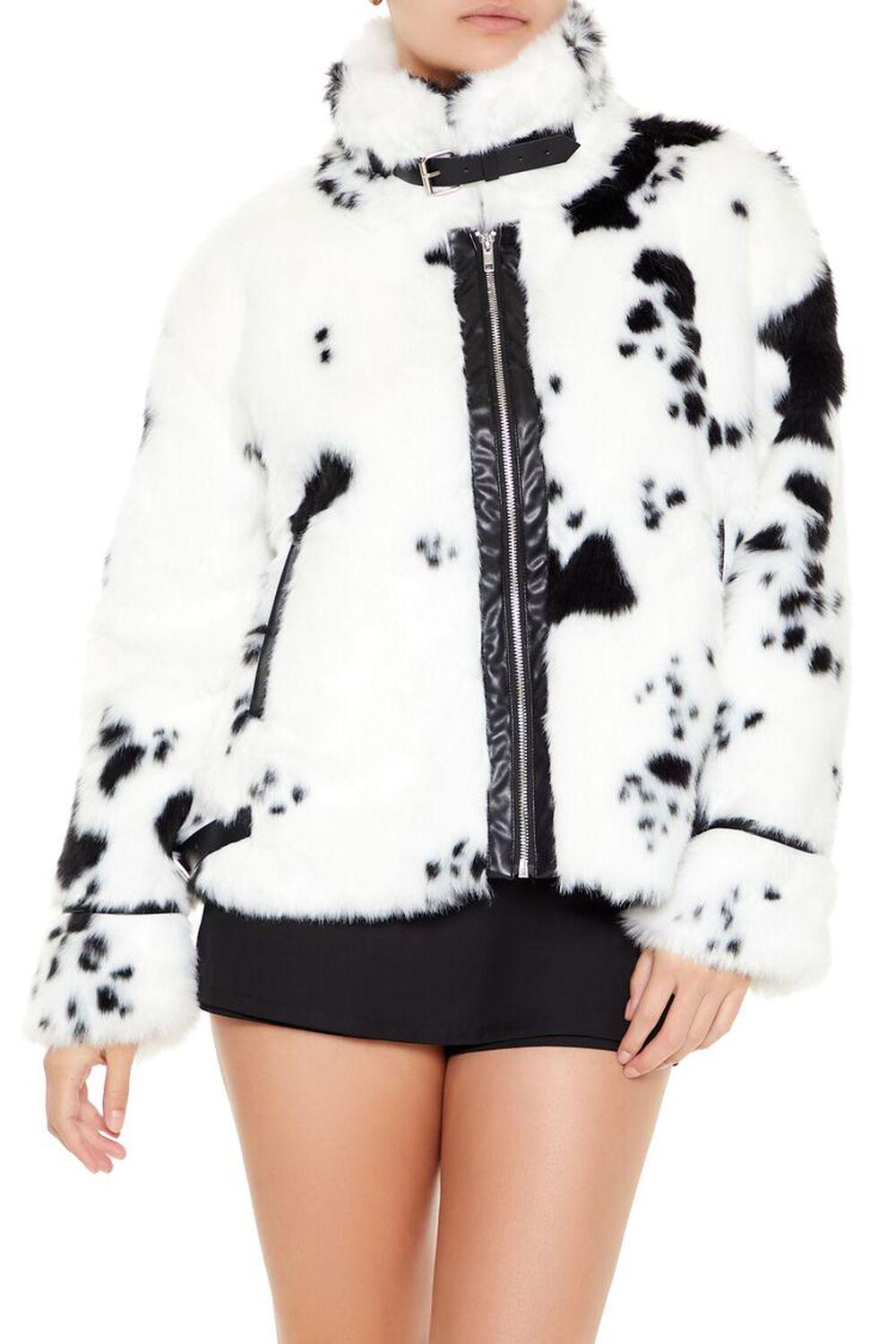 Faux Fur Cow Print Moto Jacket Product Image