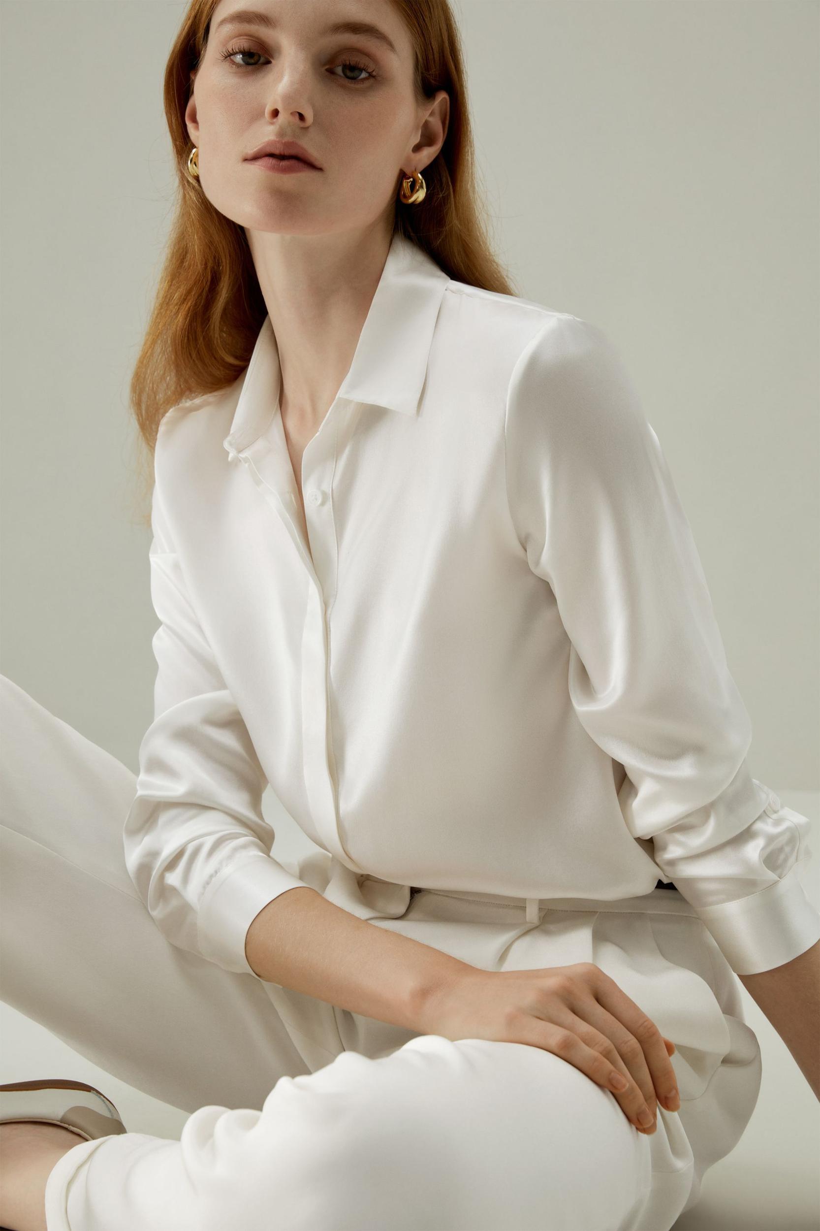 Basic Concealed Placket Silk Shirt Product Image