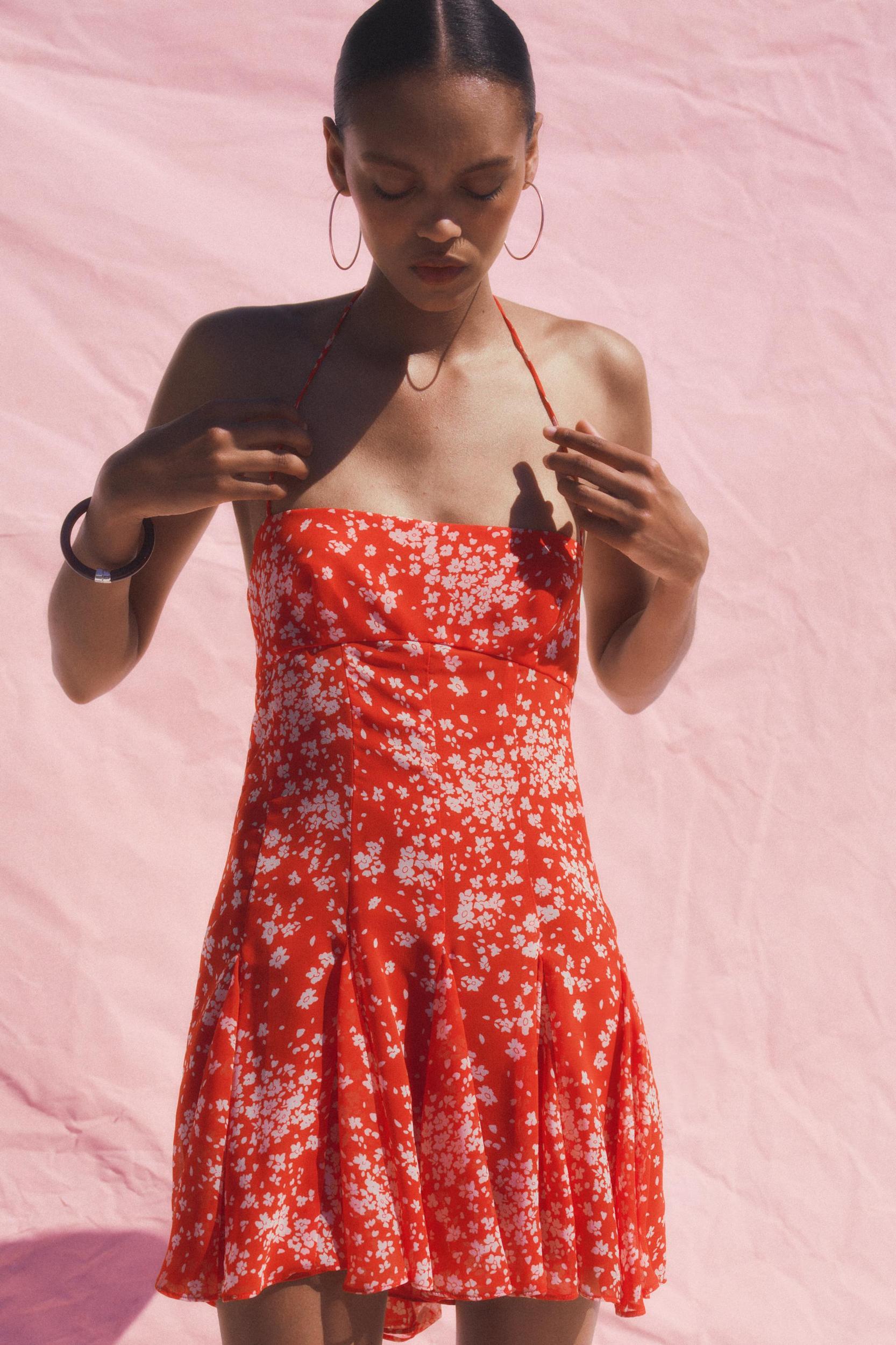FLORAL GODET PRINT DRESS Product Image
