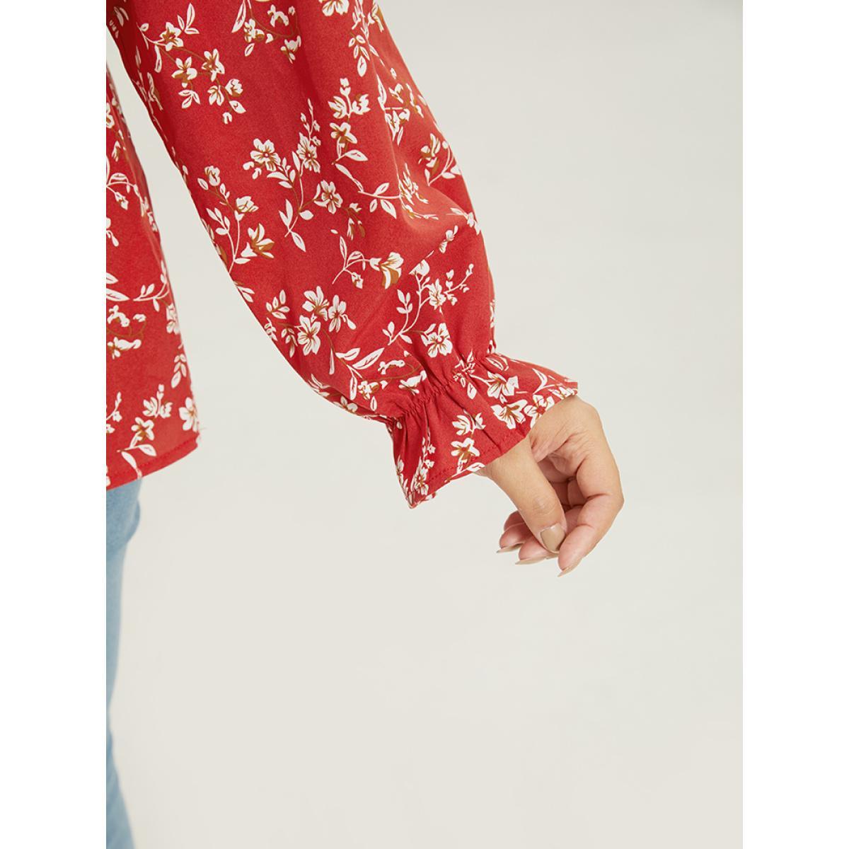 Plus Size Rust Floral Print Ruched Lantern Sleeve Blouse Women Elegant Long Sleeve V-neck Dailywear Blouses BloomChic 10/M Product Image