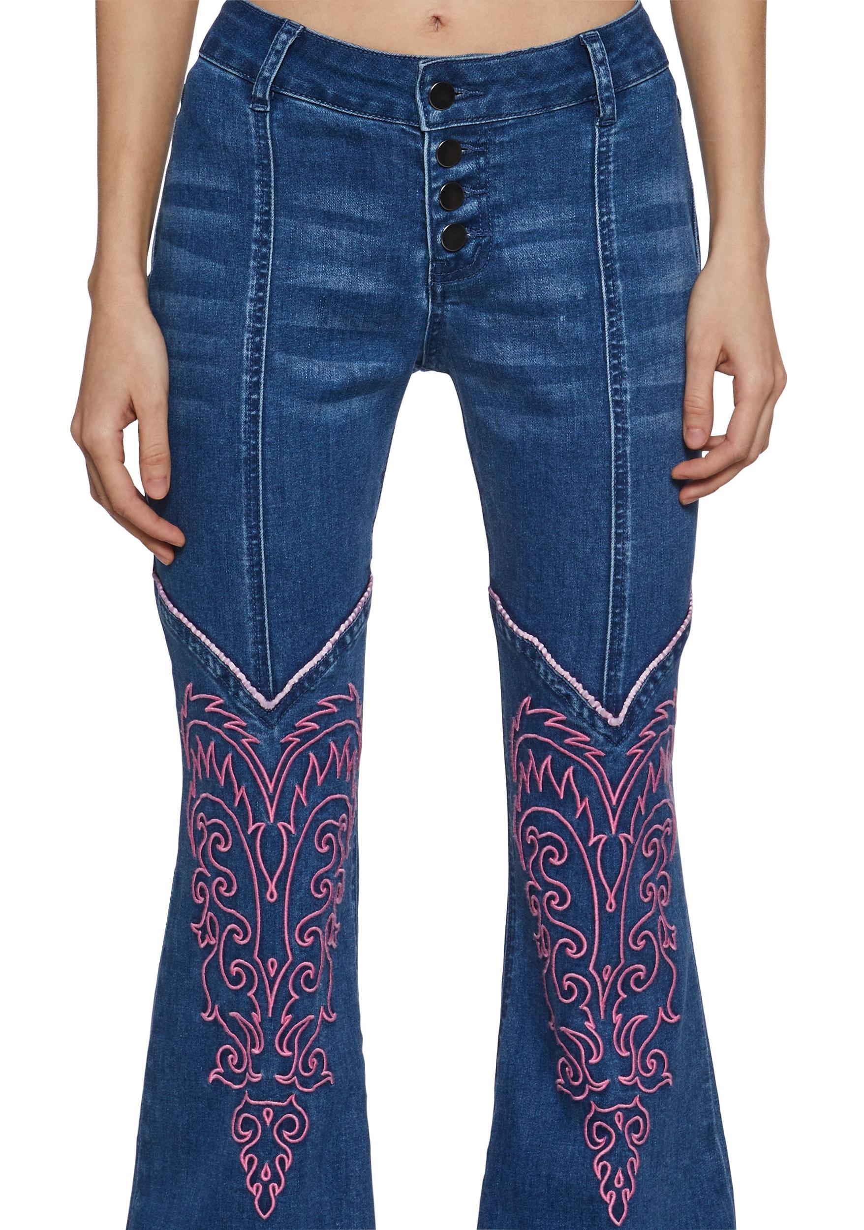 Womens Denim Flared Pants Jeans With Embroidery Sugar Thrillz - Blue Product Image
