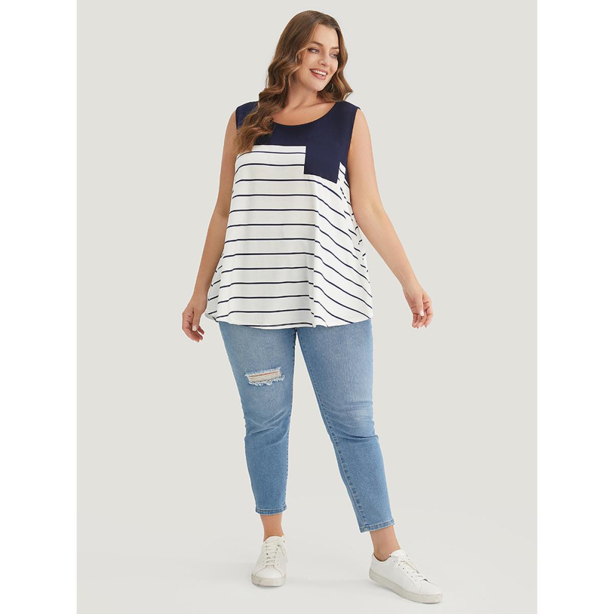 Plus Size Striped Patchwork Pocket Tank Top Women Navy Casual Round Neck Dailywear Tank Tops Camis BloomChic 14-16/1X Product Image