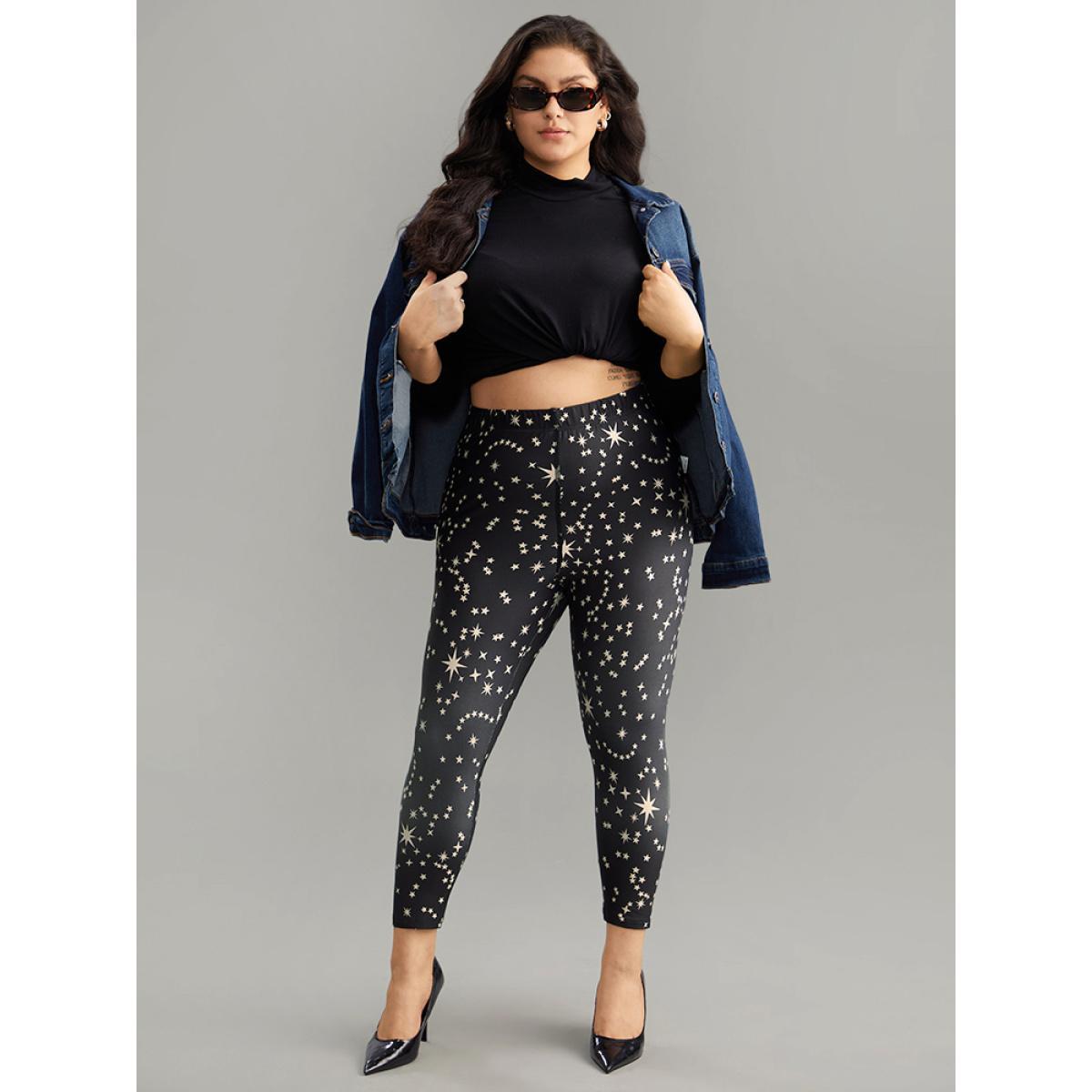 Plus Size Star Print High Rise Skinny Leggings Women Black Casual High stretch Skinny High Rise Dailywear Leggings BloomChic 22-24/3X Product Image
