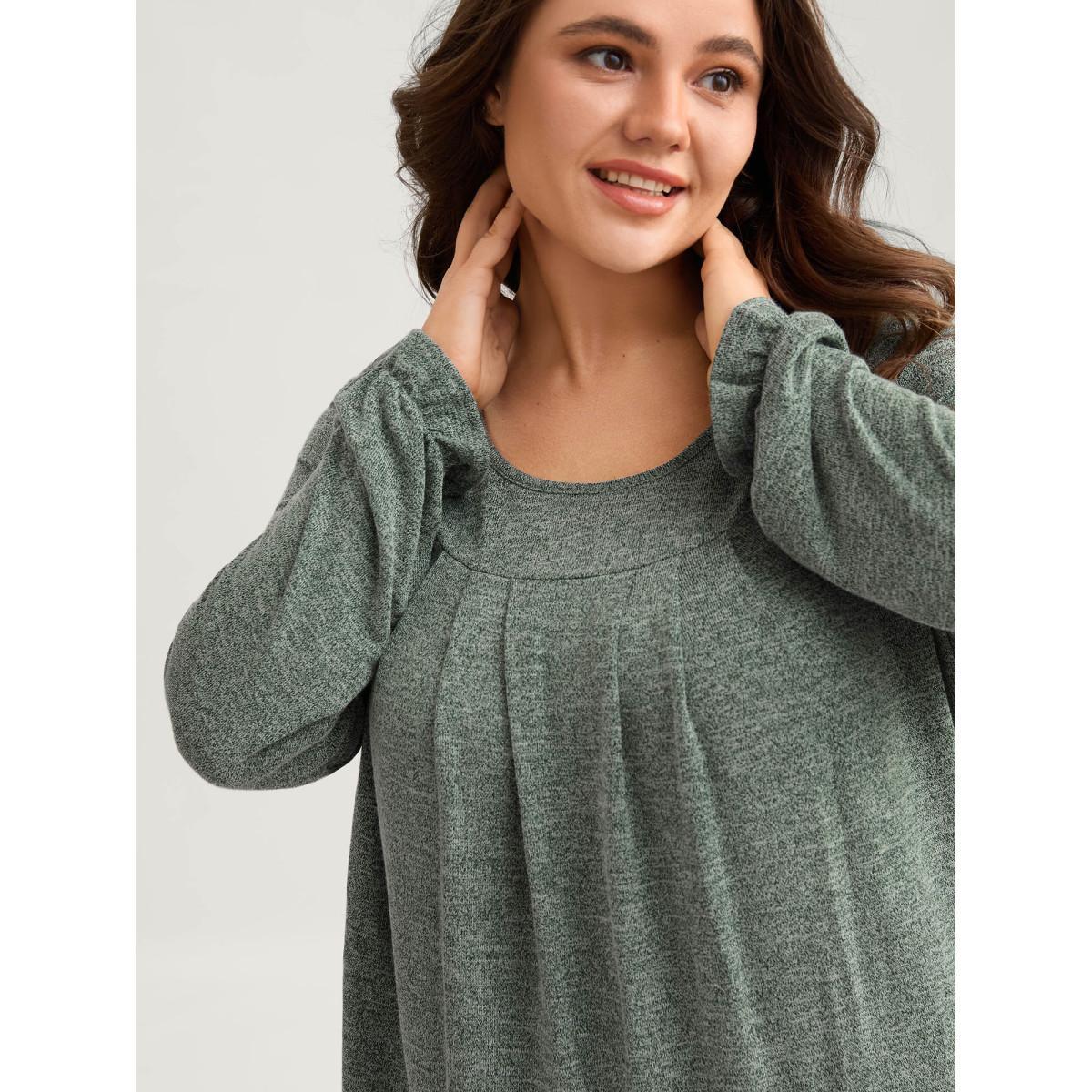 Plus Size Round Neck Heather Pleated T-shirt Emerald Women Elegant Pleated Round Neck Loose Everyday T-shirts BloomChic 26/4X Product Image