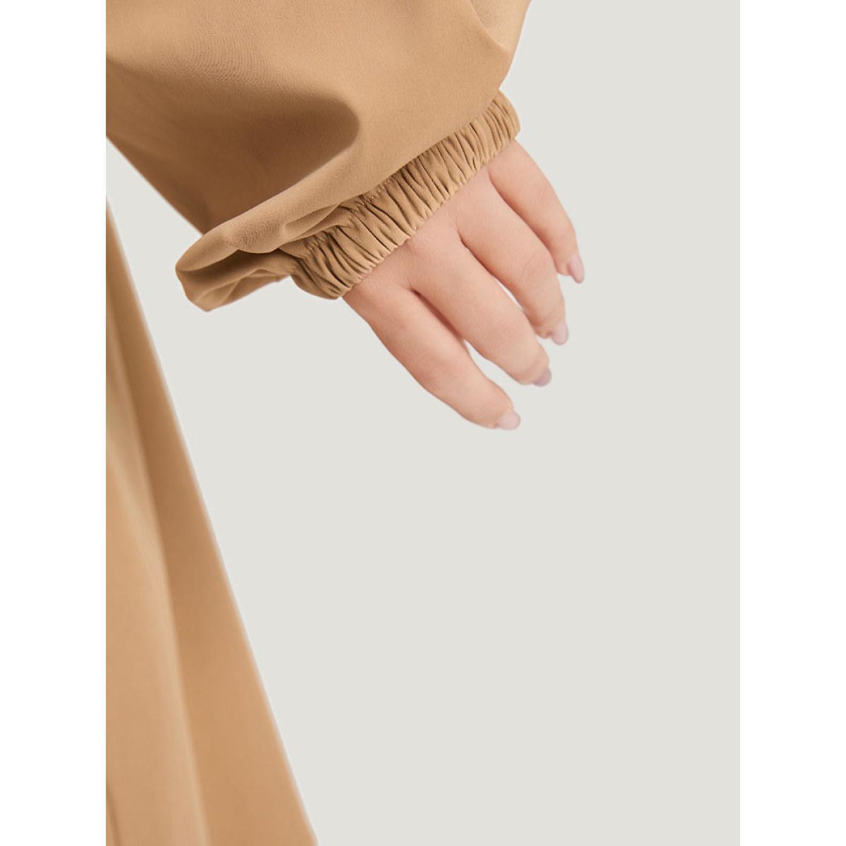 Plus Size Two Tone Drawstring Stand Collar Trench Coat Women LightBrown Dailywear Elastic cuffs Plain 12/L Pocket Casual Trench Coats BloomChic Product Image