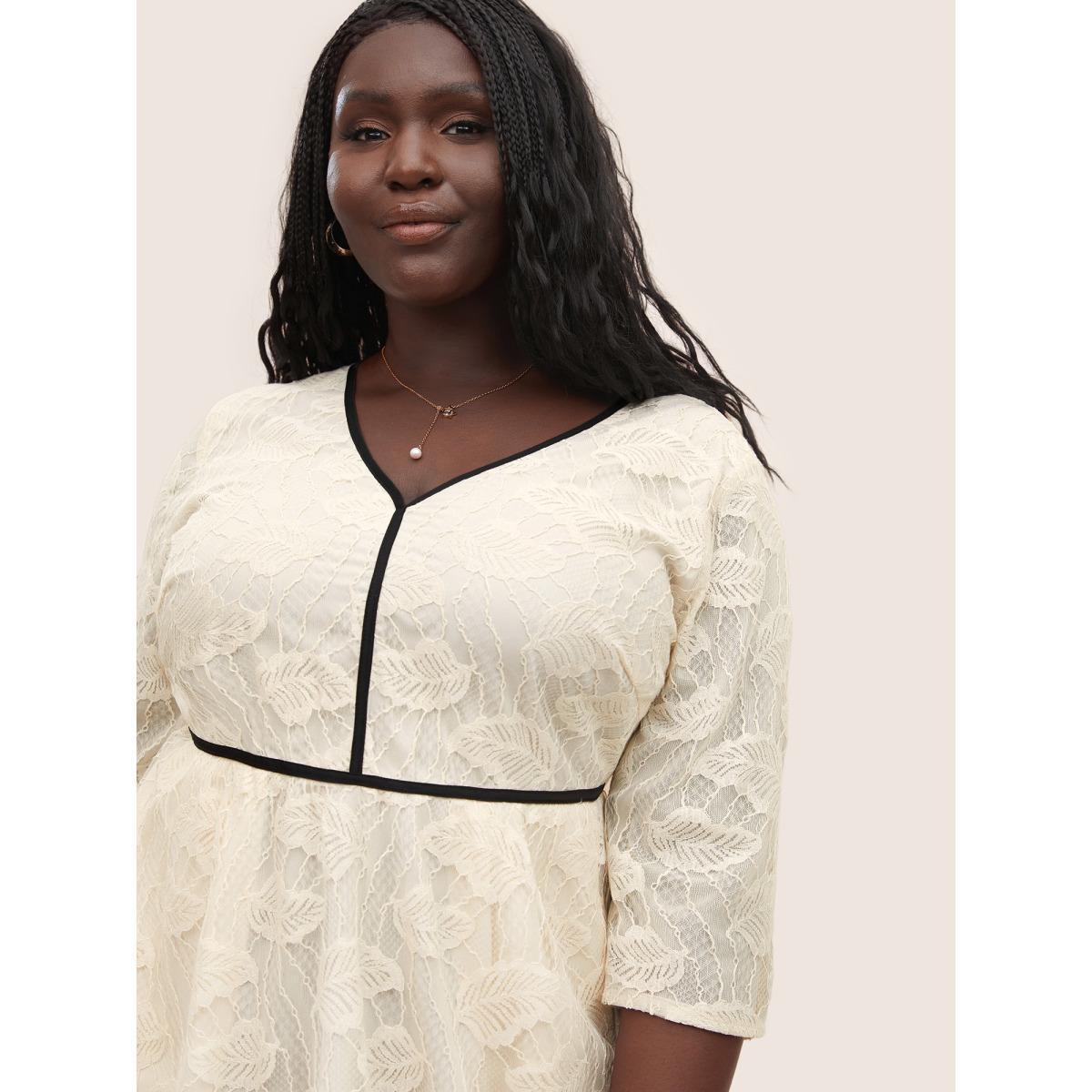 Plus Size Contrast Trim Lace V Neck Dress Apricot Women Elegant Non V-neck Elbow-length sleeve Curvy Midi Dress BloomChic 18-20/2X Product Image